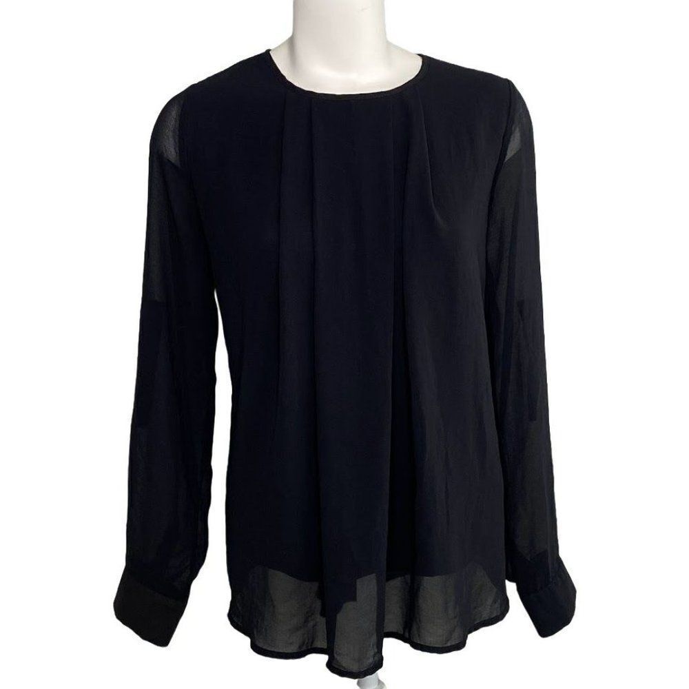 Another Story Tunic Blouse Top Women's MEDIUM Black Sheer Overlay Roll-Tab Scoop